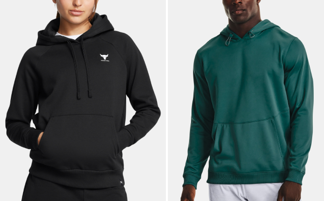 Under Armour Project Rock Rival Fleece Womens Hoodie and Fleece Storm Mens Hoodie Under Armour Project Rock Rival Fleece Womens Hoodie and Fleece Storm Mens Hoodie
