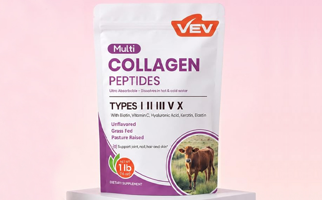 VEV Multi Collagen Peptides Powder on a Product Stand VEV Multi Collagen Peptides Powder on a Product Stand