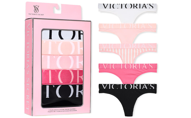 Victorias Secret 5 Pack Exploded Logo Cotton Thong Panties Victorias Secret 5 Pack Exploded Logo Cotton Thong Panties