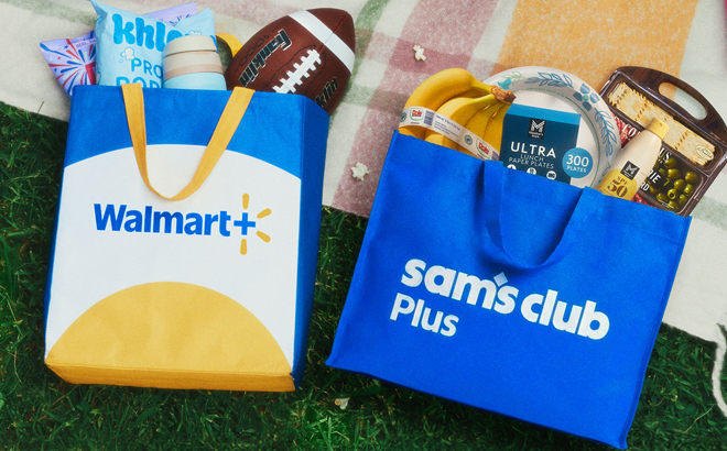 Walmart Plus and Sams Club Plus Bags Filled with Products Walmart Plus and Sams Club Plus Bags Filled with Products