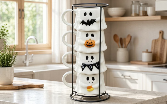Way To Celebrate Halloween Ghost Stack Ceramic Mug 4 Pack