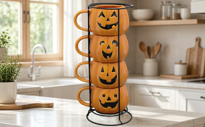 Way To Celebrate Halloween Pumpkin Stack Ceramic Mugs