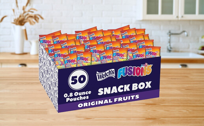 Welchs Fruit Snacks Fusions 50 Pack on a Table Welchs Fruit Snacks Fusions 50 Pack on a Table