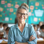 A Smiling Teacher with her Classroom and Students in the Background