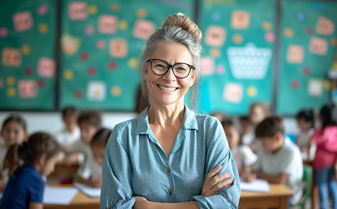 A Smiling Teacher with her Classroom and Students in the Background