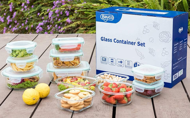 Bayco 24 piece Glass Food Storage Containers with Lids on a Tabletop
