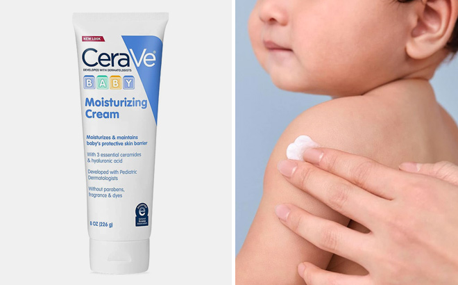 CeraVe Baby Cream and a Person Applying It to a Babys Hand