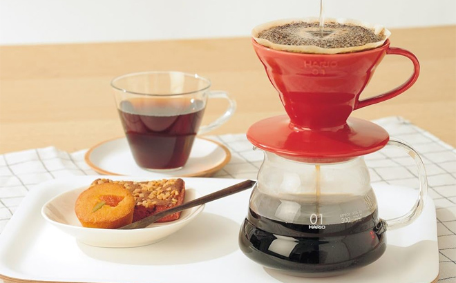 Hario V60 Ceramic Coffee Dripper and a Hario Coffeee Server on a Tabletop
