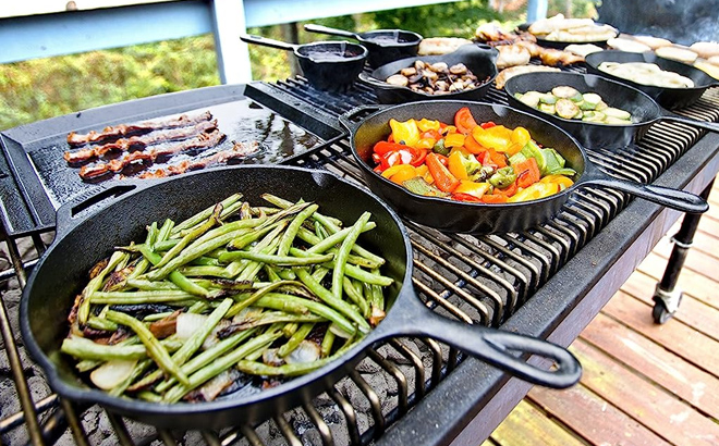Lodge Cast Iron Skillets on an Outdoor Grill