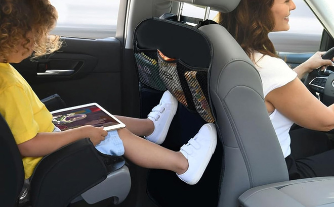 Mother and Child in a Car with a lebogner Back Seat Cover For Kids 3 Pocket Storage Organizer