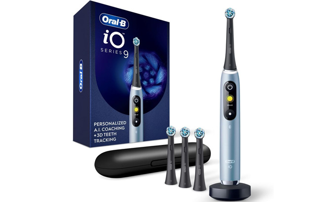 Oral B iO Series 9 Electric Toothbrush with Add-On Products on a White Background