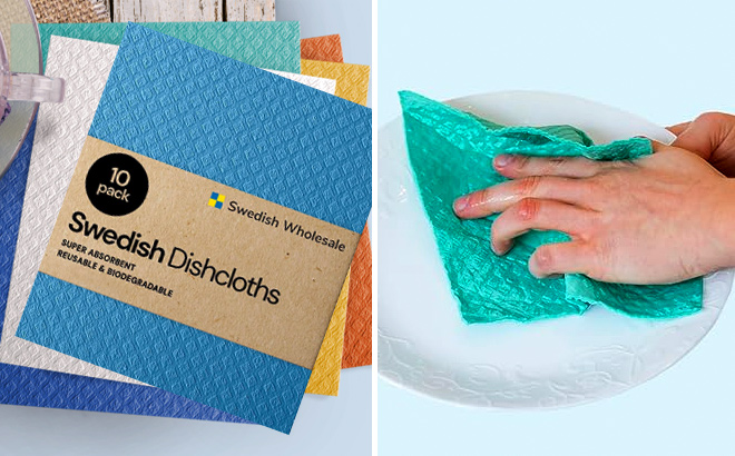 Swedish DishCloths for Kitchen 10 Pack and a Person Washing a Dish With One